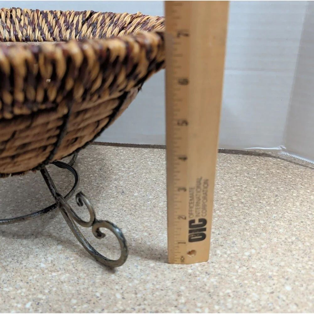 Wicker Woven Metal Pedestal Fruit Bowl Planter Storage Display Boho Large 12”